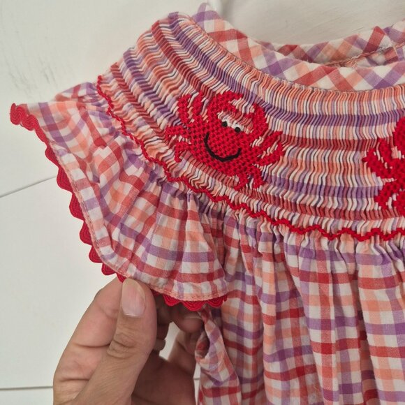 Girls Smocked Gingham Dress With Crab Embroidery & Flutter Sleeves - Picture 3 of 8